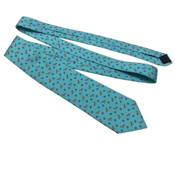 Brooks Brothers Makers Tie Men's Necktie Silk Dragonflies Flowers Turquoise Long - Picture 5 of 6